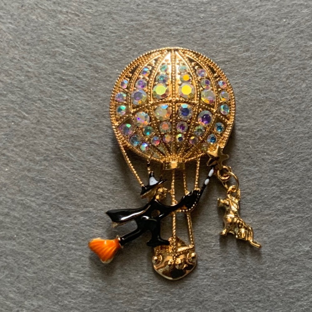 Gold Hot Air Balloon Witch Brooch and her Little Dog Too - Picture 2 of 5